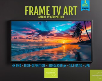Tropical Sunset Beach Art for Samsung FRAME TV - 4K HD Ocean View, Palm Trees, Colorful Sky, Serene Coastal 16x9 Screensaver