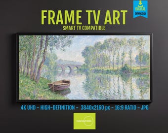 Tranquil River Landscape Painting: Stone Bridge, Wooden Boat