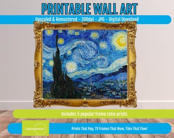 Starry Night Print Digital Download - Van Gogh Famous Painting, Unique Nightscape Wall Art, Art History Decor for Home, 2010