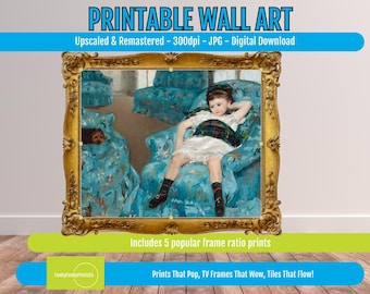 Mary Cassatt Blue Armchair Print, Impressionist Wall Art, Childhood Portrait Decor, Kids Room Printable, Playful Home Art, Digital Download