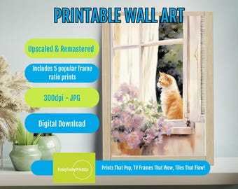 Watercolor Cat Art Cozy Window Scene, Cottagecore Floral Tabby Print, Vintage Style Cat Lover Wall Decor, Whimsical Home Gift