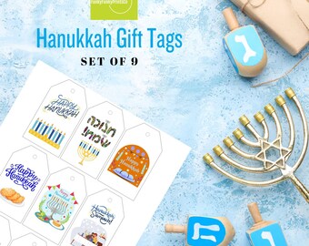Festive Hanukkah Gift Tags Set - PRINTABLE Holiday Decor, Chanukah Menorah Tags, Happy Holidays, Set of 9