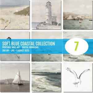 Soft Blue Wall Art Set of 7 Nautical Coastal Beach Prints, Ocean Seagull Boat Decor, Vintage PRINTABLE Art for Relaxing Home Decor