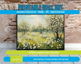 Floral Landscape Digital Art Print, Bright Blue Sky and Green Fields, Colorful Spring Nature Scene, Instant Download for Modern Home Decor