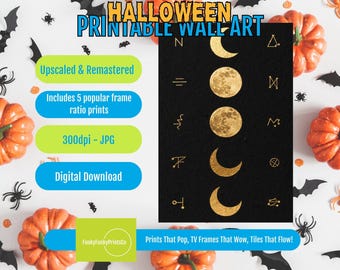 Golden Moon Phases Art Print, Mystical Celestial Wall Decor, Bohemian Lunar Cycle Poster, Spiritual Bedroom Digital Download