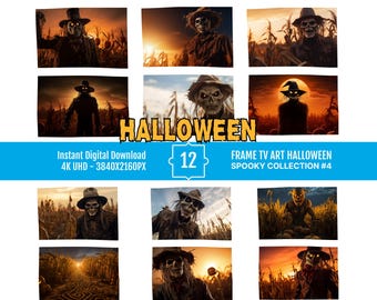 Samsung Frame TV Art: Halloween Spooky Skeleton Scarecrow, Set of 12 - Digital Download, Fall Pumpkin Patch & Eerie Cornfield Decor