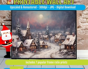 Christmas Village Printable Wall Art – Cozy Snowy Town Scene, Vintage Winter Cottage Decor, Festive Holiday Poster, Instant Digital Download