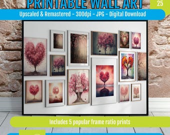 Romantic Wall Art Set of 25 Heart Tree Prints, Pink and Red Love Themed Gallery Decor, Valentine’s Gift, Nature Inspired Digital Download
