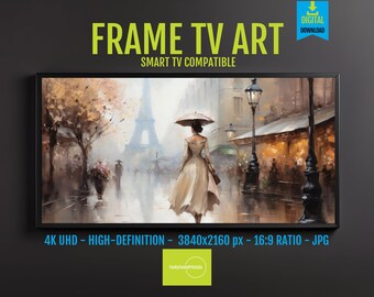 Eiffel Tower Digital Art Autumn Paris – Impressionism Rainy Street Scene, Dreamy 4K Instant Download for Samsung Frame & Screensavers