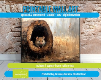 Whimsical Mouse in Log Print: Rustic Woodland Animal Art (Digital Download