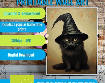 Witchy Black Cat Halloween Wall Art Printable, Vintage Spooky Moon Poster, Gothic Celestial Decor, Occult Illustration Digital Download