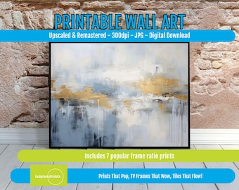 Abstract Art Print Gold Blue - Contemporary Modern Wall Decor, Luxury Printable Painting, Metallic Texture Digital Download for Home