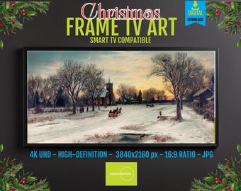 Winter Village Scene Print: Snowy Path and Church (Digital Download)