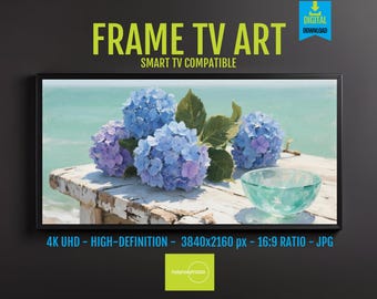 Hydrangeas Digital Art 4K HD | Nature Inspired Coastal Scene Wall Decor with Peaceful Blue Hydrangeas for Samsung Frame TV
