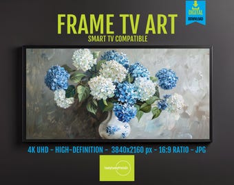 Samsung Frame TV Art Blue Hydrangea Floral 4K HD, Chinoiserie Botanical Cottage Decor, Still Life Art for Living Room or Bedroom, 208