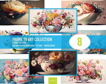 Floral Tea Cups Samsung Frame TV Art: 4K HD Set (Digital Download)