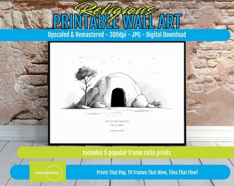 He is Risen PRINTABLE Wall Art – Easter Christian Art Decor, Matthew 28:6 Scripture Print, Faith Wall Print, Religious Easter Gift