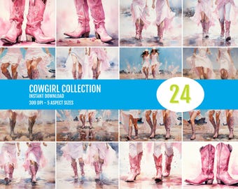 Pink Cowgirl Wall Art Set of 24 – Digital Western Printables, Soft Boho Girl Room Decor, Country Aesthetic Prints for Instant Download