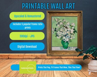 White Roses in Green Vase Painting PRINTABLE, Post-Impressionist Wall Art Decor, Floral Canvas Print, Elegant Home Decor Gift