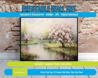 Tranquil Spring River Scene Digital Art, Soft Pastel Blooms and Gentle Water Flow, Peaceful Landscape Printable for Cozy Home or Office