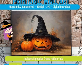 Halloween Witch and Pumpkin Printable Wall Art, Vintage Spooky Autumn Poster, Cottage Decor, Fall Mantel Illustration Digital Download