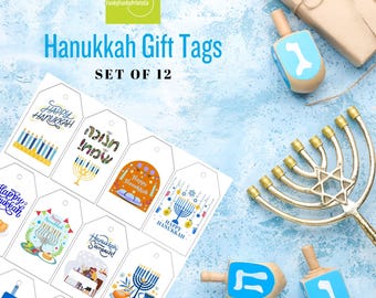 Chanukah PRINTABLE Gift Tag Bundle - Hanukkah Tags for Gifting, Jewish Holiday Decor Set of 12, Digital Download