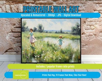 Joyful Childhood Moments in a Flower-Filled Meadow by the Water - Printable Digital Wall Art for Instant Download, Thoughtful Gift