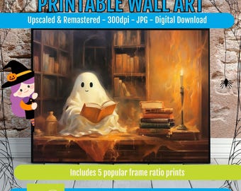 Whimsical Ghost Reading Print, Cozy Halloween Wall Art, Book Lover Pastel Poster, Vintage Cottagecore Nursery Printable, Warm Night Decor