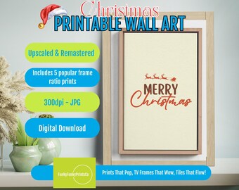 Minimalist Merry Christmas Printable Wall Art - Santa Sleigh and Reindeer Print - Modern Holiday Decor - Festive Seasonal Design