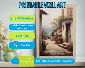Vintage Italian Courtyard PRINTABLE Wall Art – Rustic European Decor, Mediterranean Landscape, Antique Tuscan Scene Digital Download
