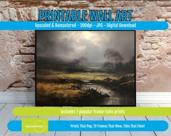 Moody Countryside Cloudy Fields Painting, PRINTABLE Wall Art for Rustic Home Decor, Digital Download Landscape Print for Living Room Decor