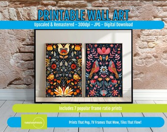 Scandinavian Folk Art Print Set of 2, Colorful Bird & Flower Wall Decor, Nature Inspired PRINTABLE Art for Home or Kids Room