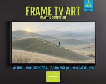 Serene Shepherd Overseeing Flock in Rolling Hills Under Pastel Sky - Tranquil Rural Landscape Art for Samsung Frame TV