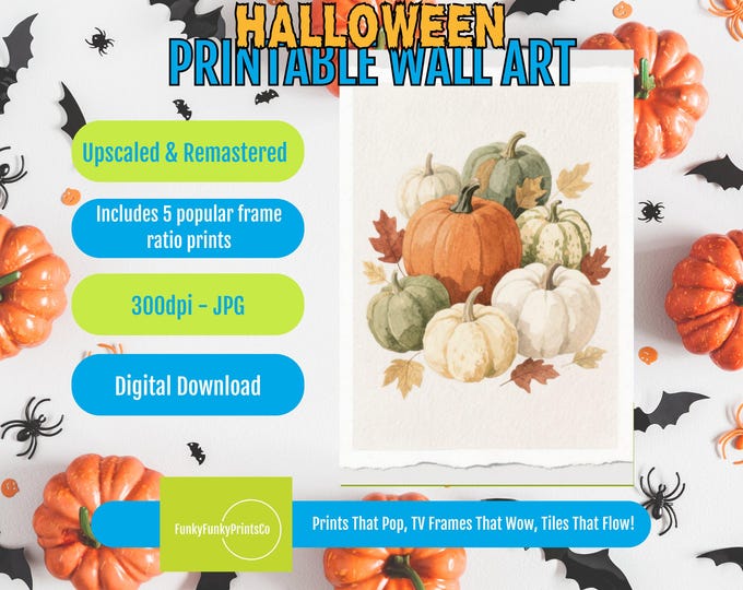 Featured listing image: Halloween Fall Pumpkins – Handmade Printable Watercolor Autumn Decor, Warm Religious Festive Art for Cozy Home, Instant Download