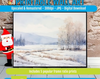 Printable Winter Landscape Wall Art – Snowy Forest Scene, Cozy Seasonal Home Decor, Digital Download Art Print
