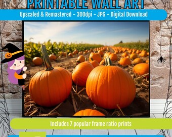 Vintage Halloween Pumpkin Patch Printable Wall Art, Rustic Fall Harvest Poster, Jack O Lantern Farm Illustration, Autumn Digital Download