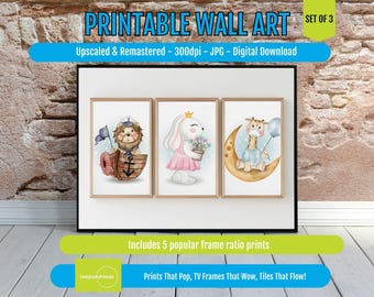 Nursery Animal Wall Art Set, Watercolor Giraffe Bunny and Lion, Gentle Baby Room Digital Download, Neutral Safari Theme for Kids Decor