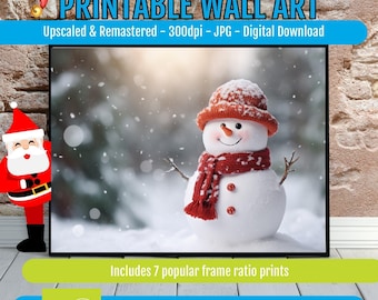 Nostalgic Snowman Christmas Wall Art Printable, Vintage Winter Holiday Painting Poster, Cozy Cottage Mantel Decor, Festive Digital Download