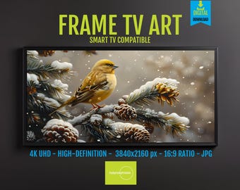 Pine Tree Art: Serene Winter Wonderland with Vibrant Yellow Bird on Snow Covered Branch – 4K UHD Nature Wall Art Digital Download