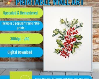 Mistletoe Wall Art Printable, Christmas Botanical Decor Poster, Vintage Greenery Illustration, Winter Cottage Mantel Digital Download