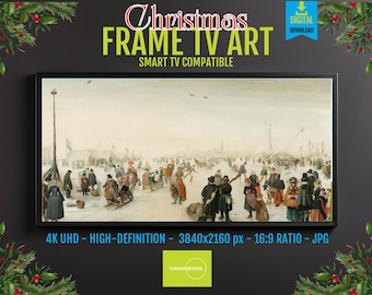 Ice Skating Winter Print: Community Gathering on Frozen Canal (Digital Art)