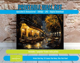Parisian Cafe Digital Art Print, Autumn Night Street Scene, Cozy Warm Lights Decor, Romantic European Wall Art for Living Room