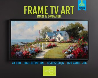Landscape Art Coastal Cottage with Vibrant Gardens, Scenic Ocean View, Patriotic Decor for Samsung Frame TV Digital Home Decor