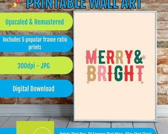 Merry Bright Christmas Typography Print, Digital Download Wall Art, Festive Holiday Decor, Printable Xmas Art for Home Decoration