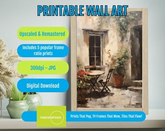 European Courtyard Print: Rustic Vintage Patio Garden (Digital Download)