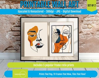 Abstract Face Line Art Print Set of 2, Modern Minimalist One Line Portrait Posters, Black and White Wall Decor, Digital Download Bundle