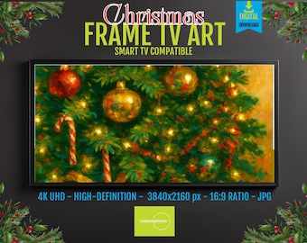 Samsung Frame TV Christmas Tree Ornaments Art, Lush Green with Red Gold Baubles, HD 16x9 Digital Download, Festive Holiday Decor