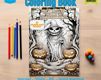 Haunted Halloween Portrait Coloring Book Printable PDF, Gothic Witches Vampires, Horror Pages, Party Craft Activity Instant Download