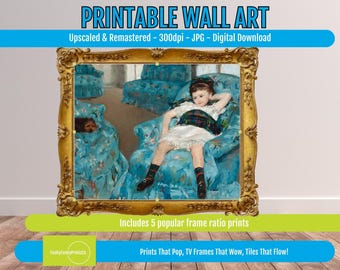 Mary Cassatt Blue Armchair Print, Impressionist Art for Kids Room, Childhood Portrait Decor, Vibrant Domestic Life Art, Playful Home Decor