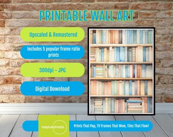 Bookshelf Art Print Digital Download – Modern PRINTABLE Wall Art for Home Library Decor, Book Lover Gift, Bookish Shelf Accent